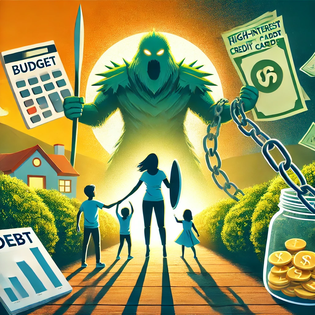This image shows a mom protecting her family ready to face the debt monster.
