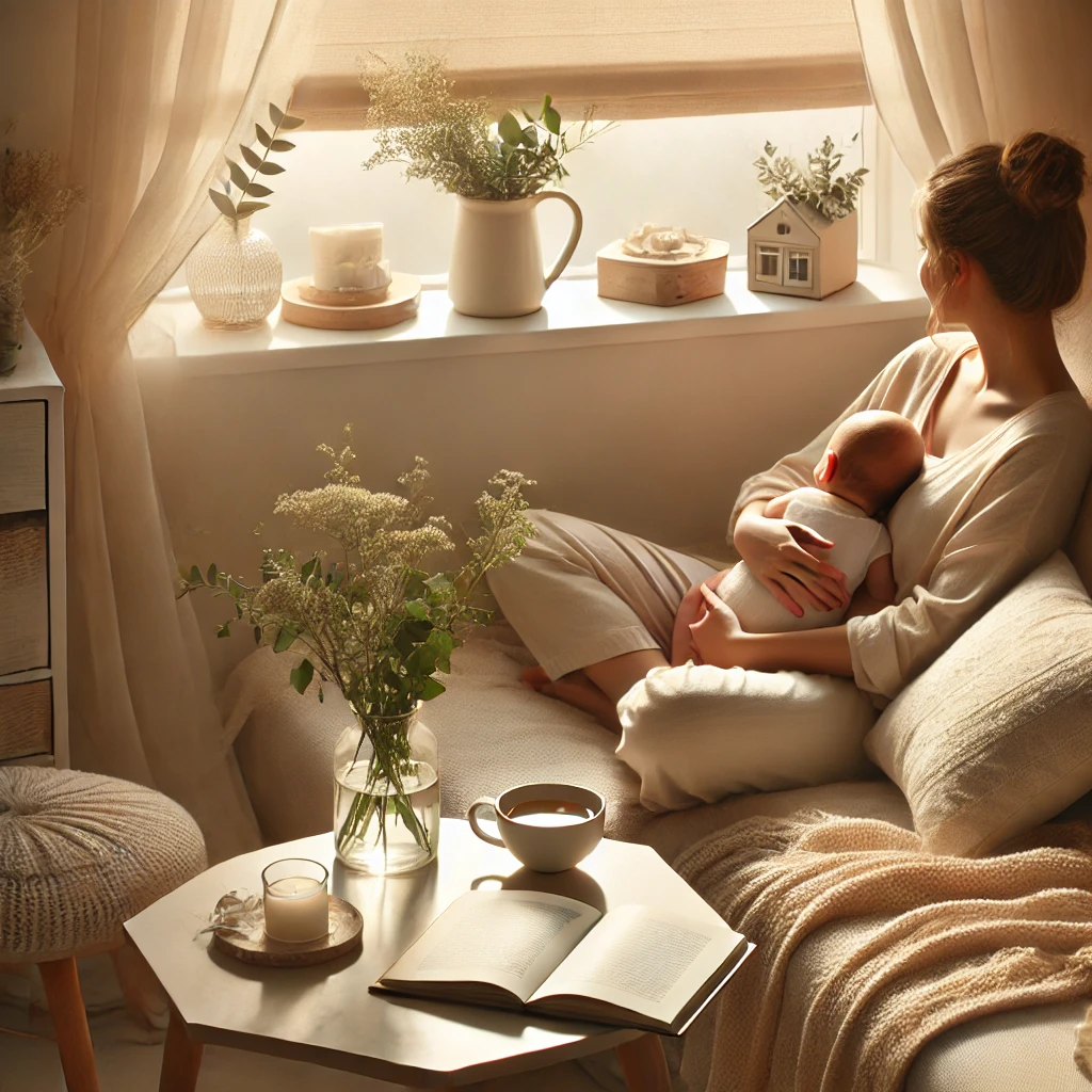 Mom taking time for herself while caring for baby. Tips for postpartum wellness. 
