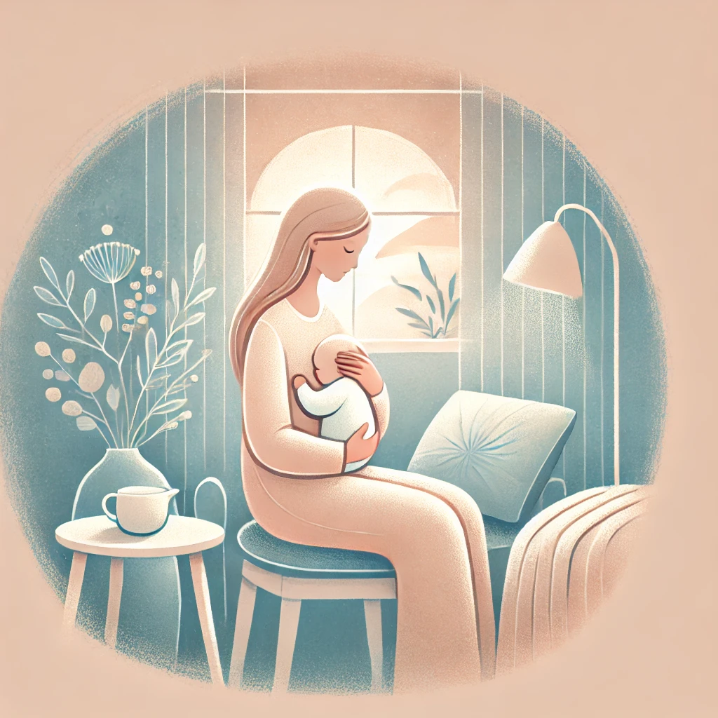 A mom that managed her postpartum anxiety and is calm with her baby.